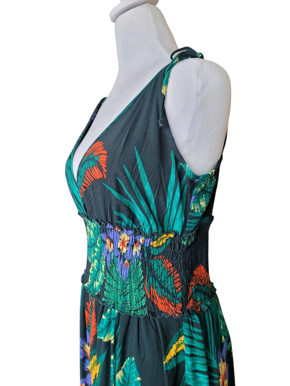 Patrons of Peace Tropical Floral Maxi Dress Smocked Waist Slit Skirt Green M - Picture 4 of 13